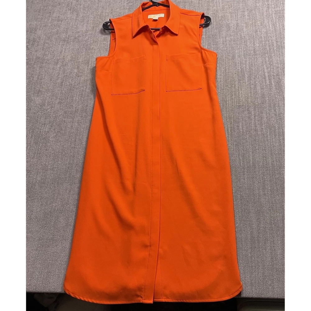 Michael Kors Shirt Dress Womens 8 Orange Curved Hem Collared Sleeveless Casual